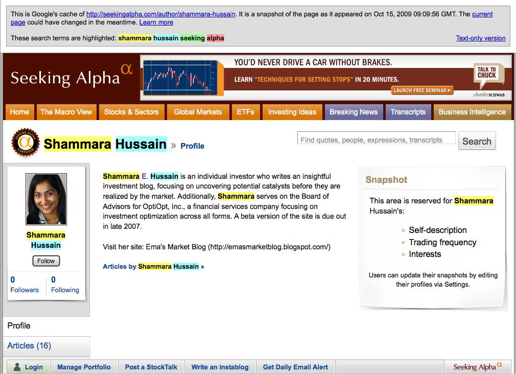 Shammara Hussain's Seeking Alpha page