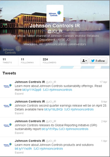 Johnson Controls' IR Twitter feed